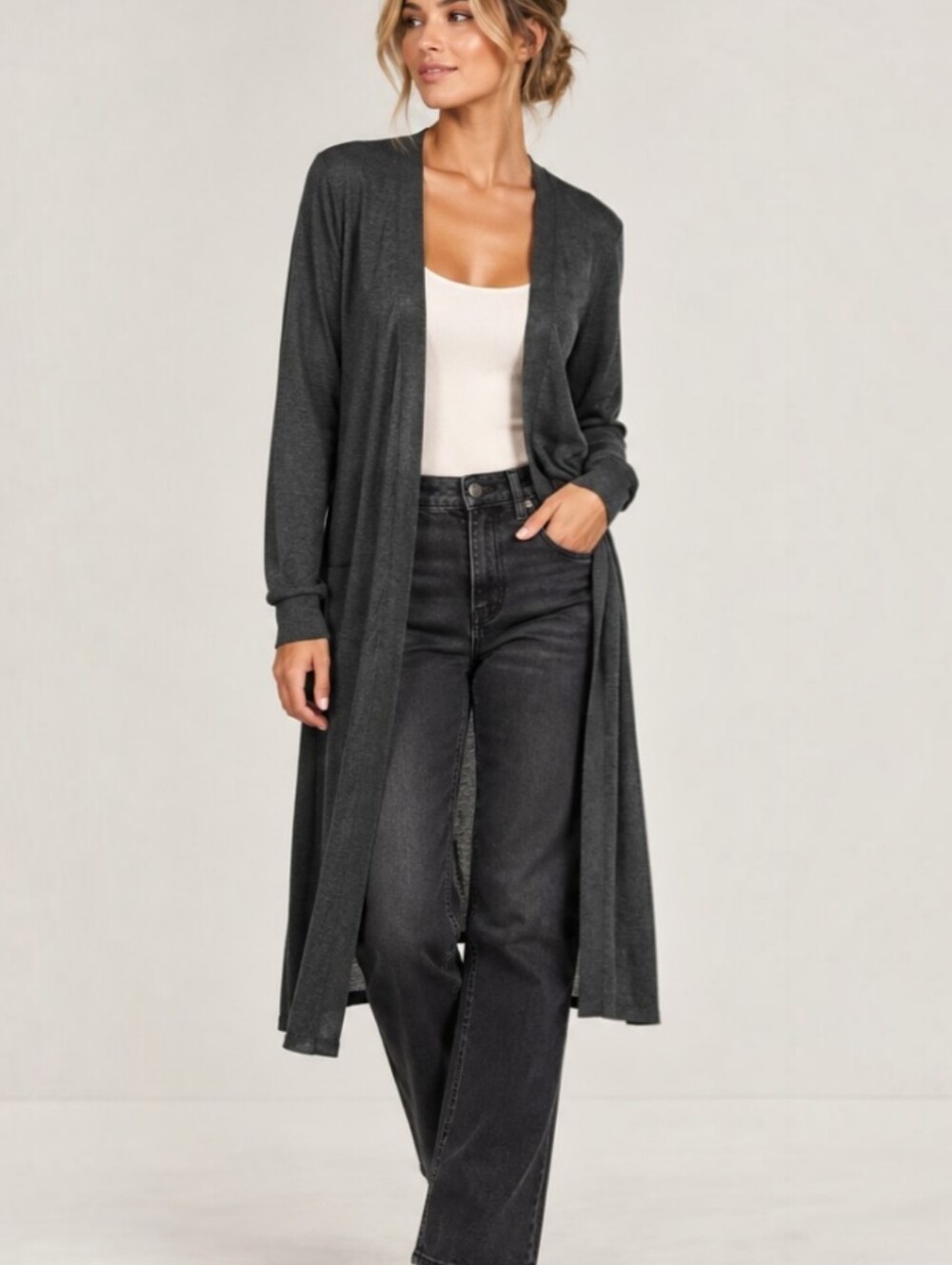 H&M Charcoal Gray Longline Open Front Duster Cardigan Size S